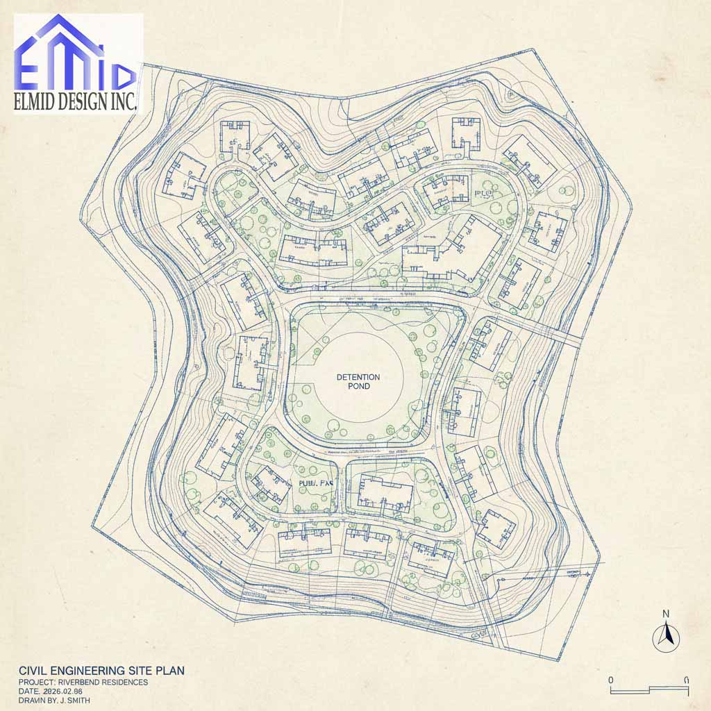 Civil engineering drawings Aurora site plan showing grading contours, roadway layout, building footprints, and detention pond for residential development.