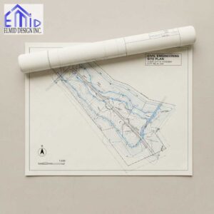 Civil engineering drawings Brampton topographic site plan showing grading contours, drainage paths, and layout details for development design.