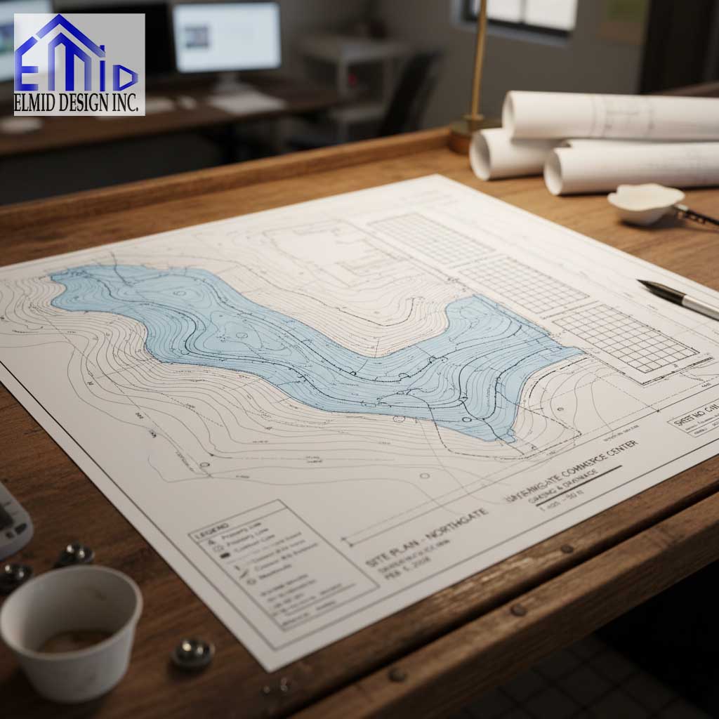 Civil engineering drawings Burlington showing detailed topographic site plan with contour lines and water feature layout.