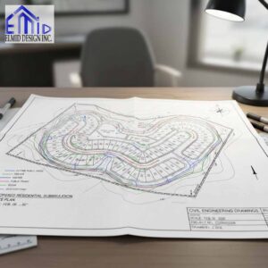 Civil engineering drawings Caledon site plan showing lot layout, grading contours, servicing routes, and stormwater features for residential development.