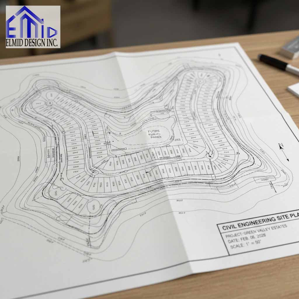 Civil engineering drawings Georgina site plan showing grading contours, lot layout, roadway design, and future park area for residential development.