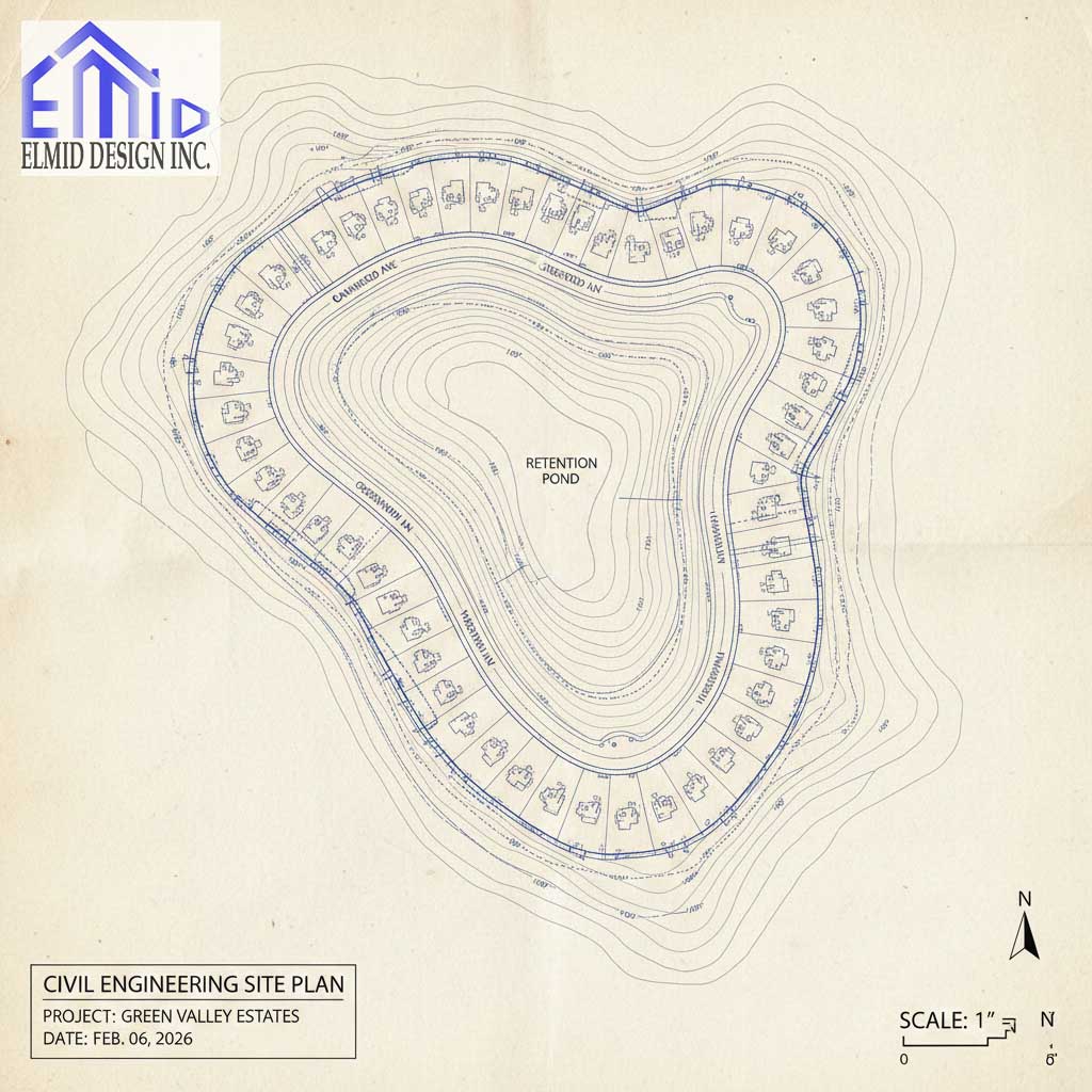 Civil engineering site plan showing detailed grading and retention pond layout for Halton Hills development.