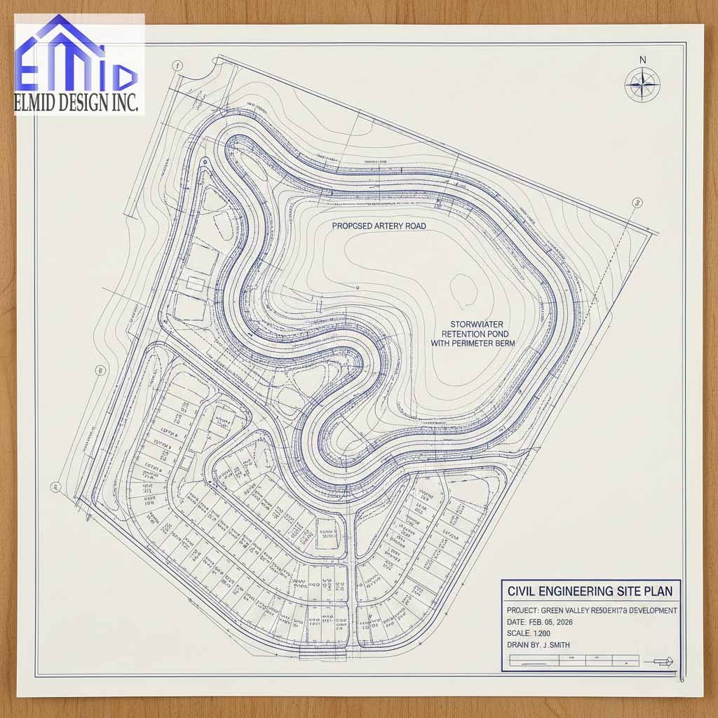 Civil engineering drawings Innisfil site plan showing grading contours, roadway layout, lot configuration, and stormwater retention design for new development.