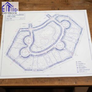 Civil engineering drawings King City site plan showing grading contours, roadway layout, servicing details, and lot configuration for new development.