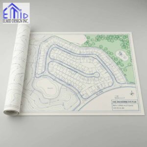 Civil engineering drawings Mississauga site plan showing grading contours, lot layout, roadway design, and landscaped park area for new development.