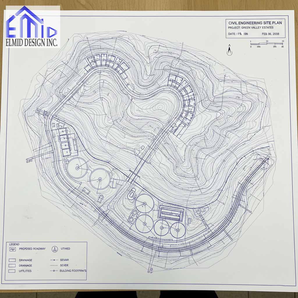 Civil engineering drawings Newmarket site plan showing grading contours, roadway layout, drainage routes, and utility design for hillside development.