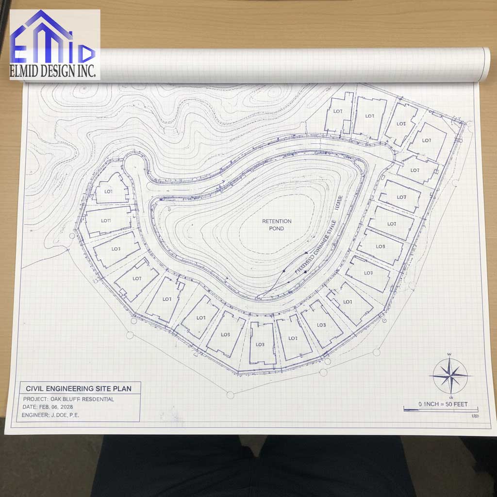 Civil engineering drawings Oakville showing detailed residential site plan with grading and retention pond layout.