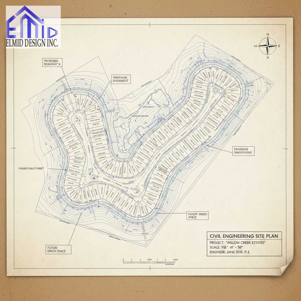Civil engineering drawings Oshawa subdivision site plan showing lot layout, grading contours, drainage easements, and engineered roadway design.