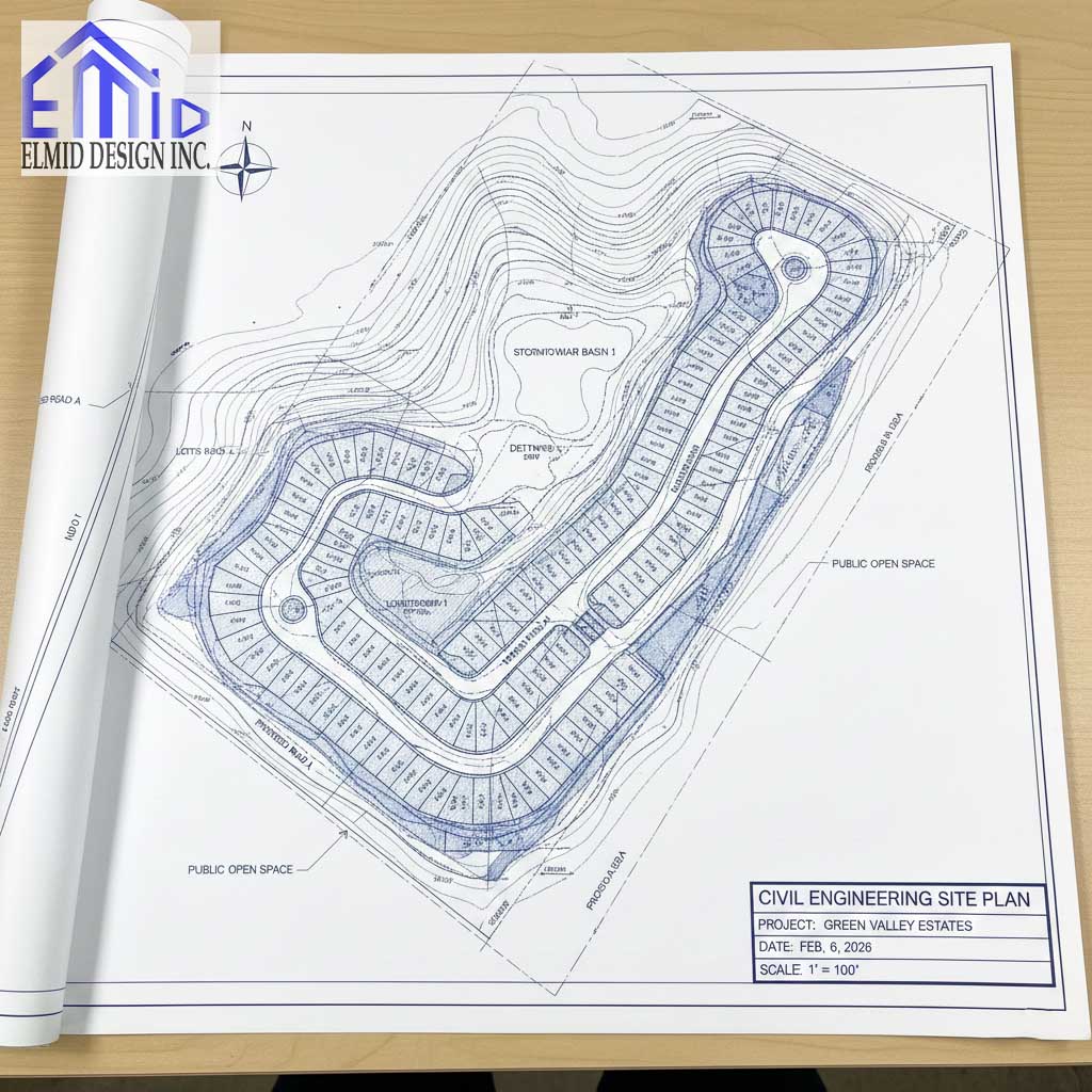 Civil engineering drawings Pickering showing detailed subdivision site plan with grading contours, lot layout, stormwater basin, and public open space.