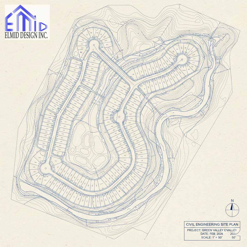 Civil engineering drawings Richmond Hill site plan showing lot layout, grading contours, roadway design, and natural land features for new development.