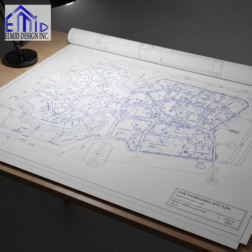 Civil engineering drawings Scugog showing detailed site plan with grading contours, road layout, utilities, and drainage features on a drafting table.