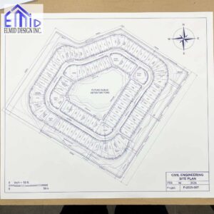 Civil engineering drawings Toronto site plan showing grading layout, lot configuration, and future detention pond designed for urban development.