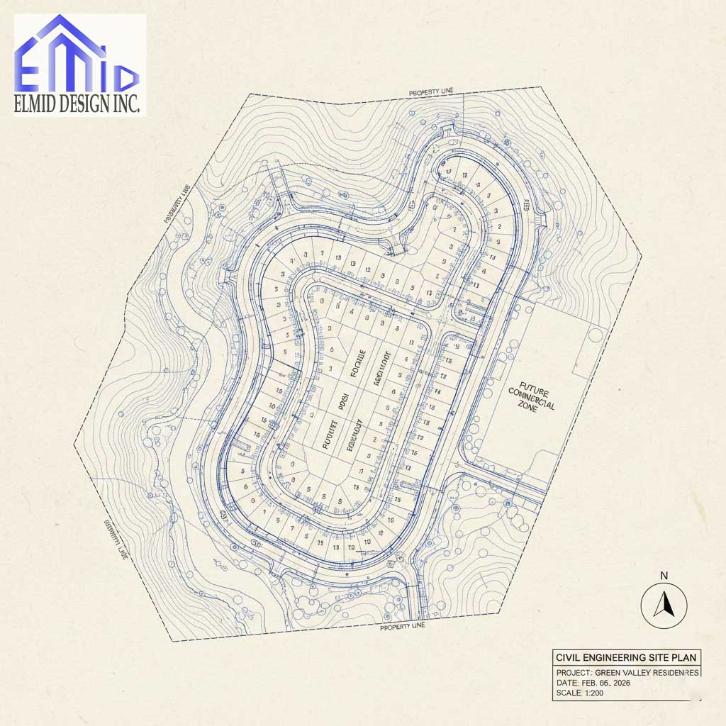 Civil engineering drawings Uxbridge showing detailed residential site plan with grading contours, road layout, and lot configuration.