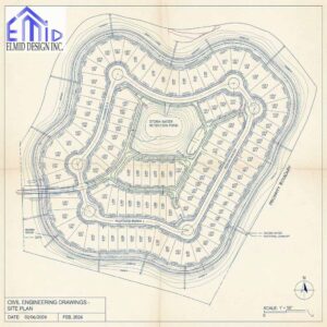 Civil engineering drawings Vaughan site plan showing lot layout, stormwater retention pond, grading details, and roadway alignment for new development.