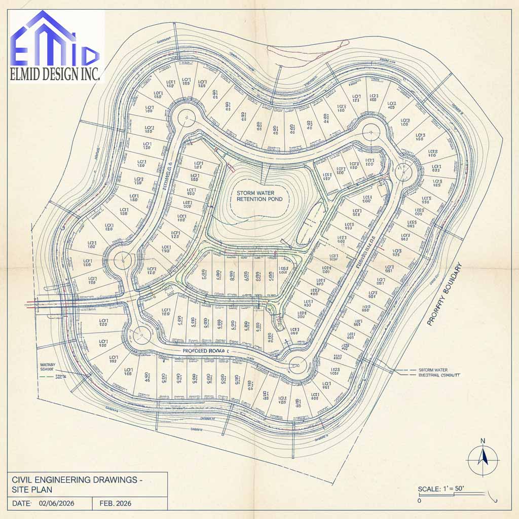Civil engineering drawings Vaughan site plan showing lot layout, stormwater retention pond, grading details, and roadway alignment for new development.