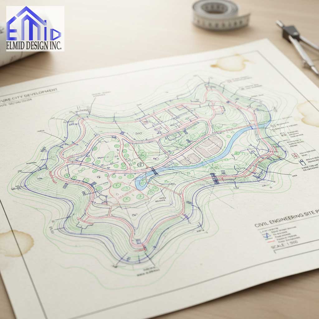Civil engineering drawings Whitby showing a detailed topographic site plan with grading contours, drainage routes, and landscape features.