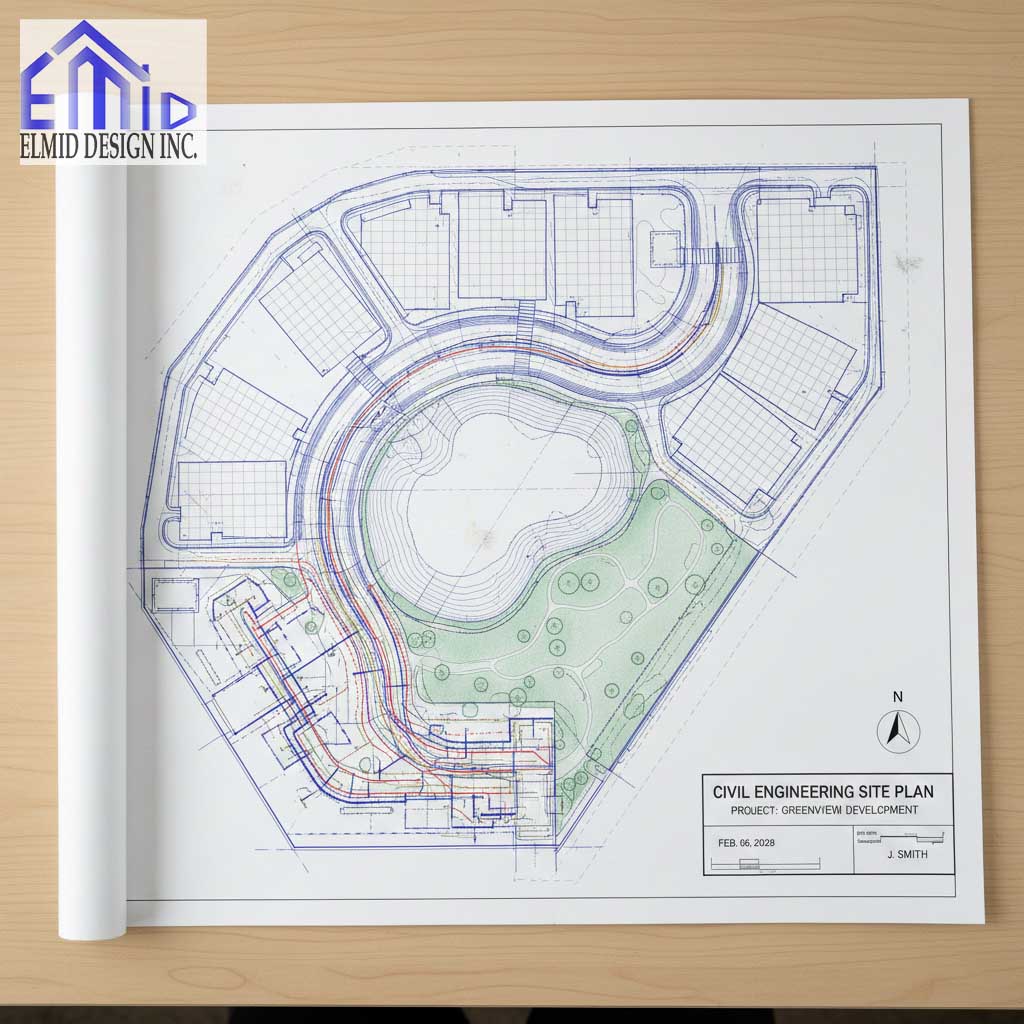 Civil engineering drawings Whitchurch Stouffville showing detailed site plan with grading contours, utilities, and landscaped areas.
