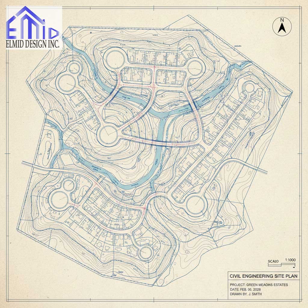 Civil engineering drawings Brock showing detailed residential site plan with grading contours, road layout, and stormwater flow paths.