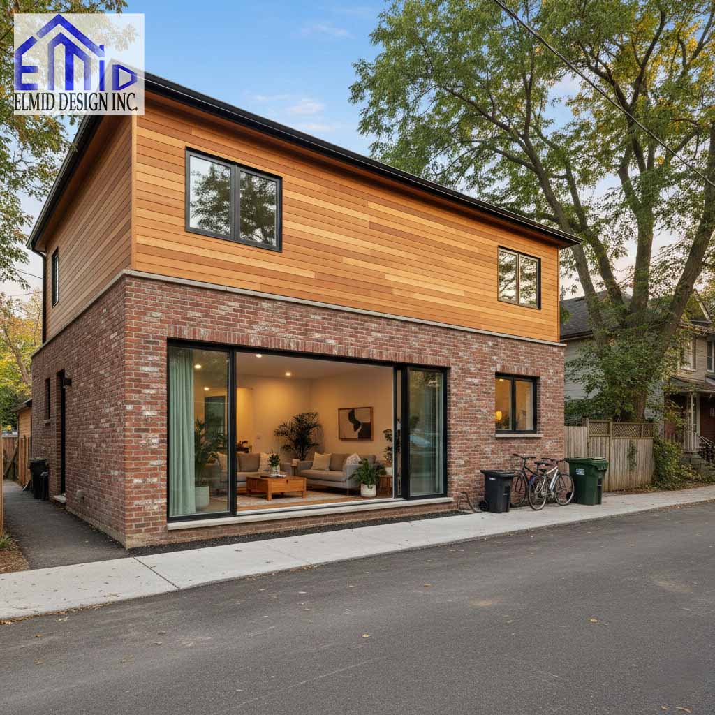 Modern laneway suite in Clarington featuring brick and wood exterior with large sliding glass doors and bright interior.