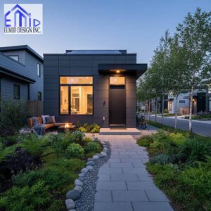 Modern laneway suite in Scugog featuring a sleek exterior, landscaped garden, and contemporary architectural design.