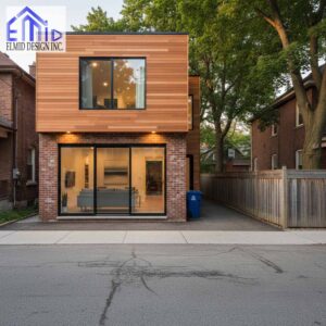 Modern laneway suite in Oakville featuring wood cladding and large windows designed for functional urban living.