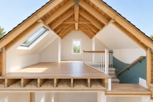 Conceptual attic section showing roof structure, floor joists, stairs and a guarded stair opening.