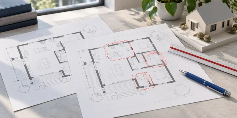 Building permit revisions illustrated by drawing changes marked with revision clouds