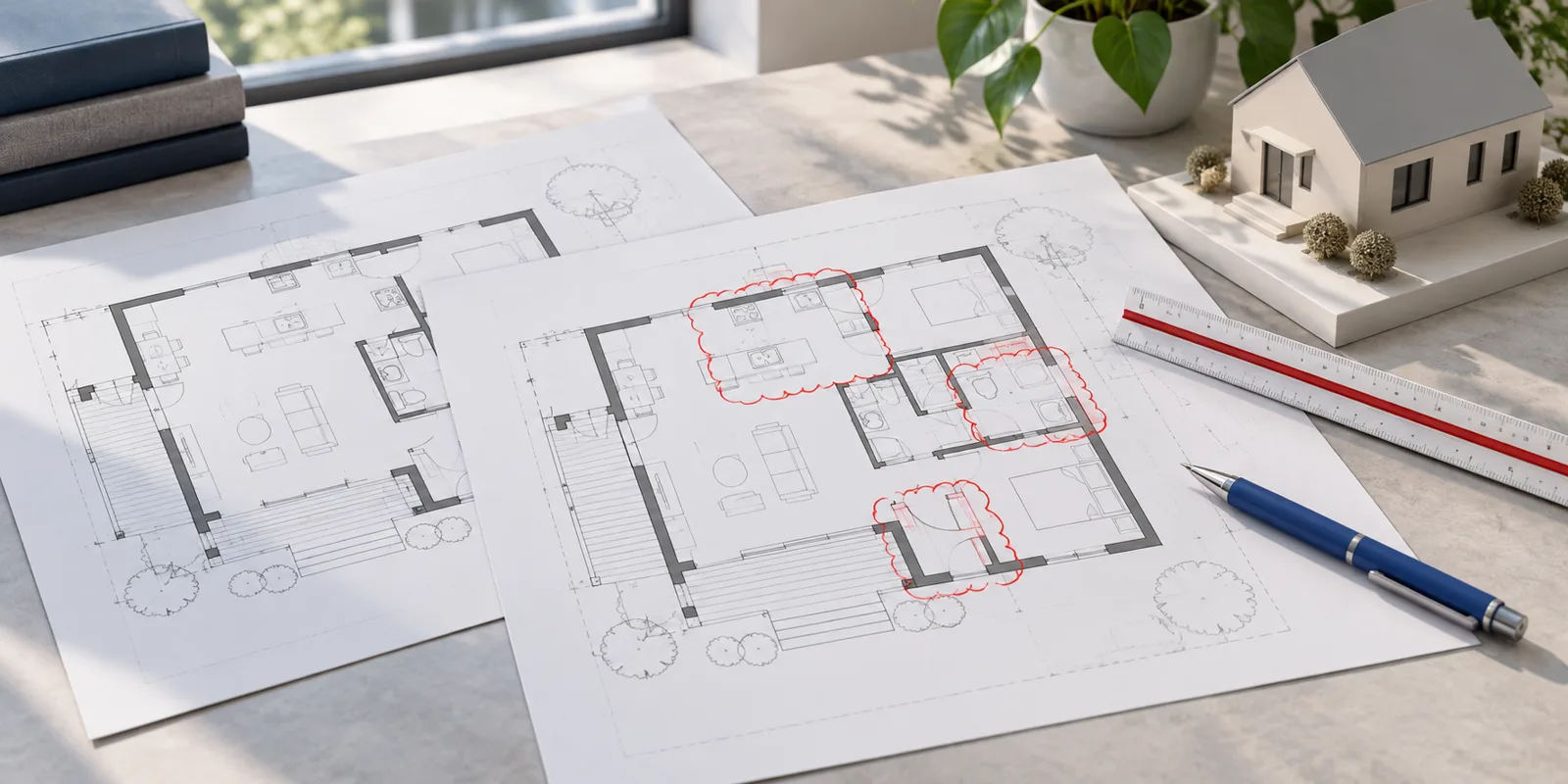 Building permit revisions illustrated by drawing changes marked with revision clouds