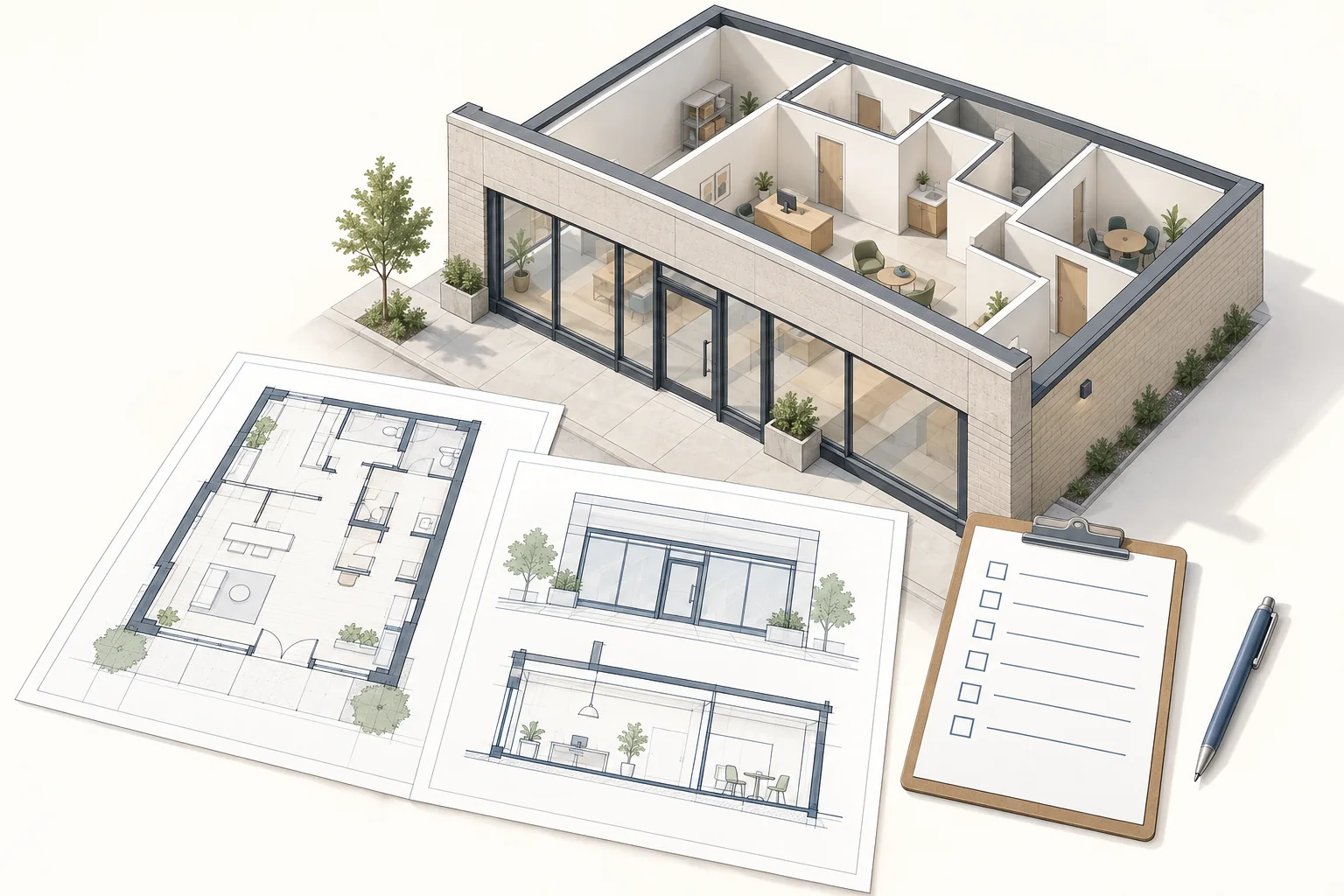 Concept illustration for a change of use permit in Toronto, with a commercial unit cutaway, design drawings and a checklist.