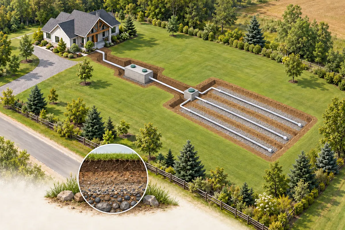 Conceptual rural-lot septic layout with a tank, distribution box, three capped laterals and a soil-profile inset.