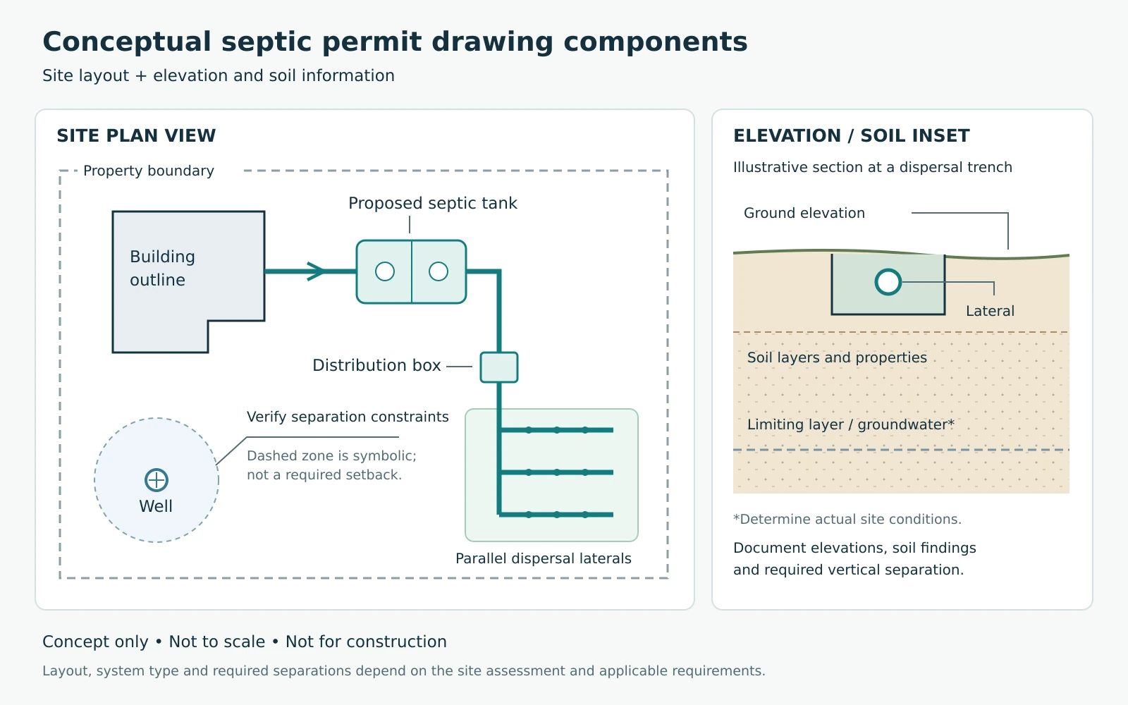 Conceptual septic permit drawings showing a building, septic tank, distribution box, parallel dispersal laterals, well constraints, and an elevation and soil inset.