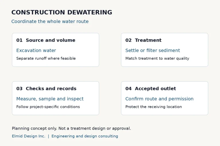 Construction dewatering planning diagram showing water source, treatment, monitoring and an accepted discharge outlet.