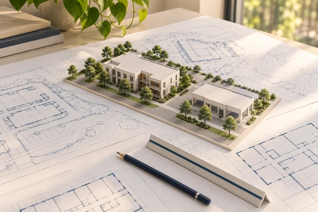 Engineering design concept for Elmid Design Inc. with building models, site plans and an engineering scale.