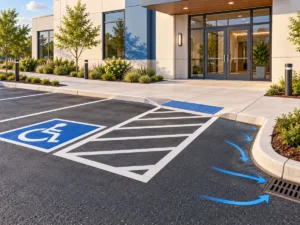 Conceptual parking space, access aisle and pedestrian connection with drainage directed outside the route.