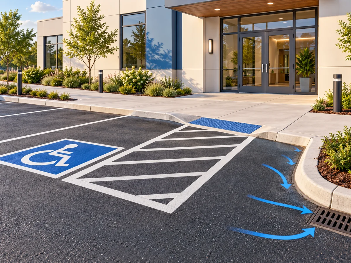 Conceptual accessible parking grading plan showing a bay, access aisle, entrance route and coordinated drainage