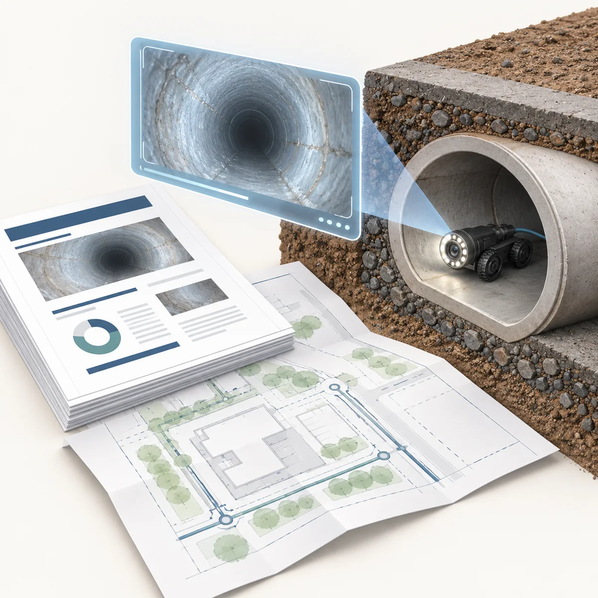 Conceptual sewer camera evidence connected with a redevelopment servicing drawing