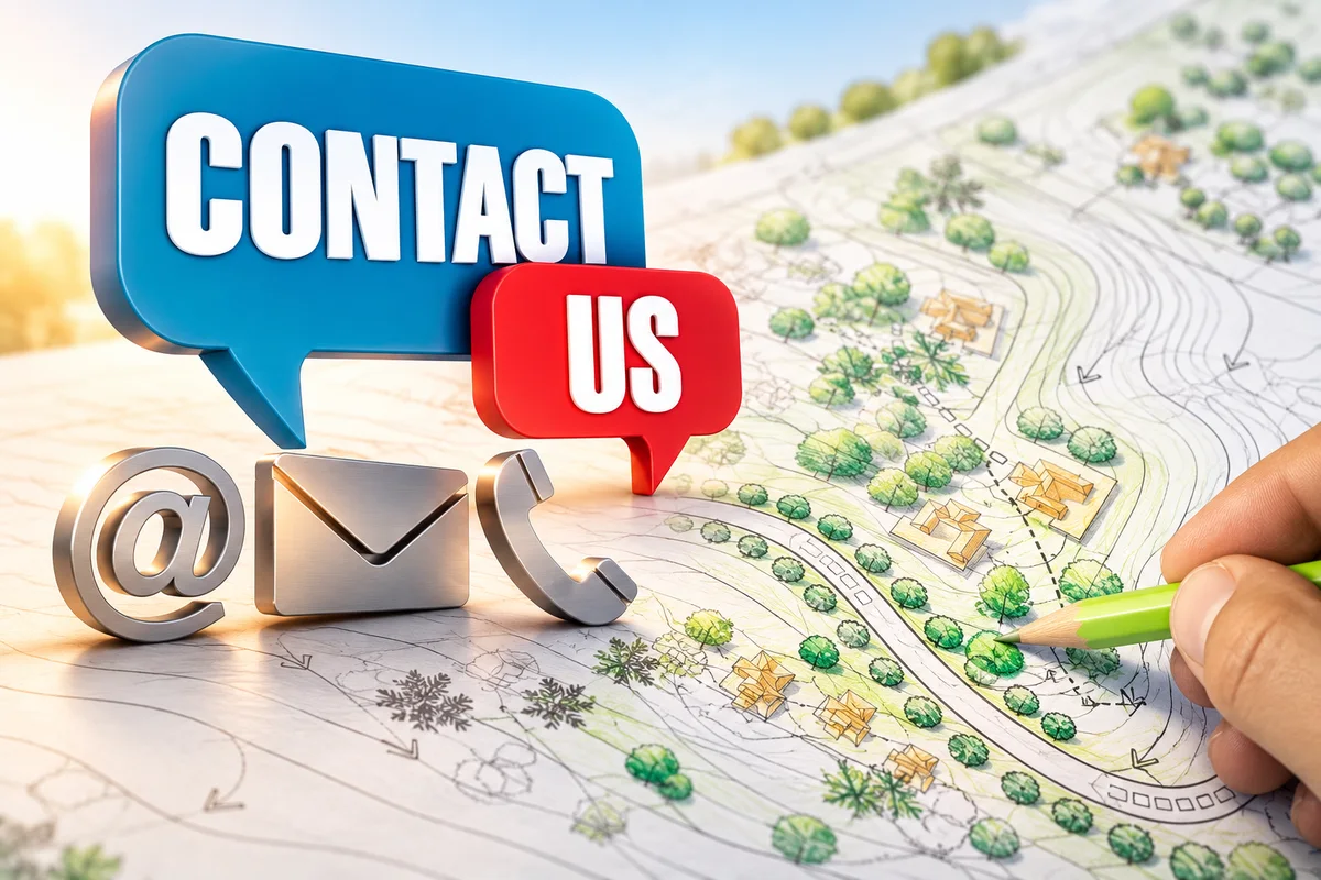 Contact Us graphic with email and phone symbols over an engineering site plan.