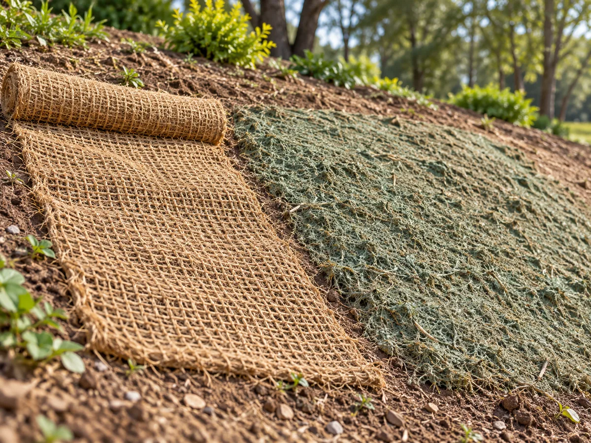 Conceptual erosion control blanket vs hydraulic mulch surface comparison