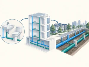 Conceptual comparison of fixture, building plumbing and municipal servicing assessment scales.