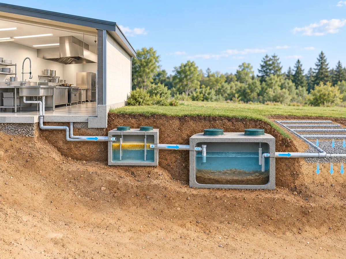 Conceptual grease interceptor and commercial septic system review illustration