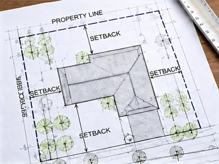Illustrative site plan showing property lines, building setbacks and a proposed layout.