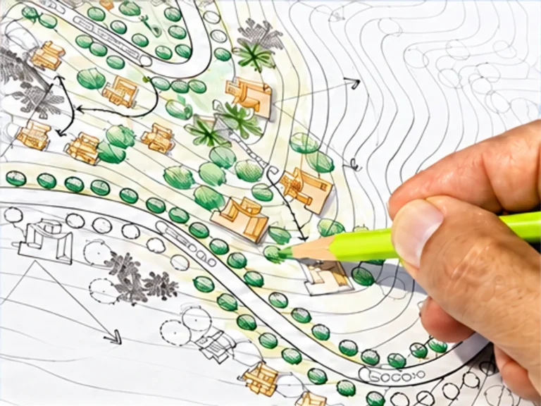 Illustrative grading study with contours and a green pencil marking the landscape plan.