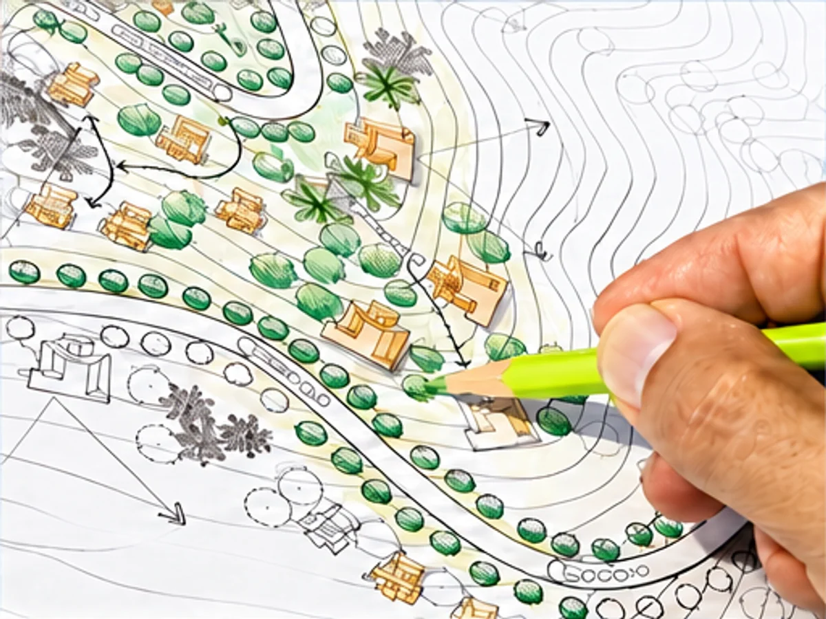 Illustrative grading study with contours and a green pencil marking the landscape plan.