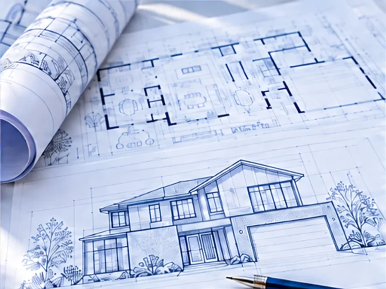 Illustrative architectural plans and elevations for a building permit drawing set.