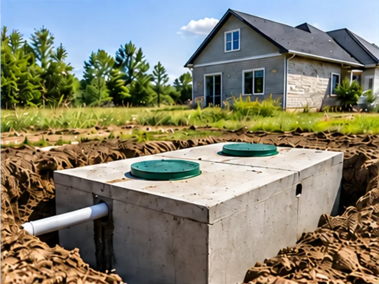 Illustrative septic tank with green access covers beside a rural house.