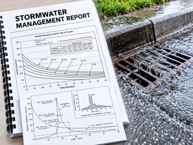 Illustrative stormwater report with rainfall graphs and water flowing over a catchbasin grate.