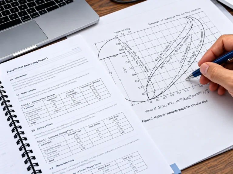 Illustrative servicing report and circular pipe hydraulic elements graph on an engineering desk.