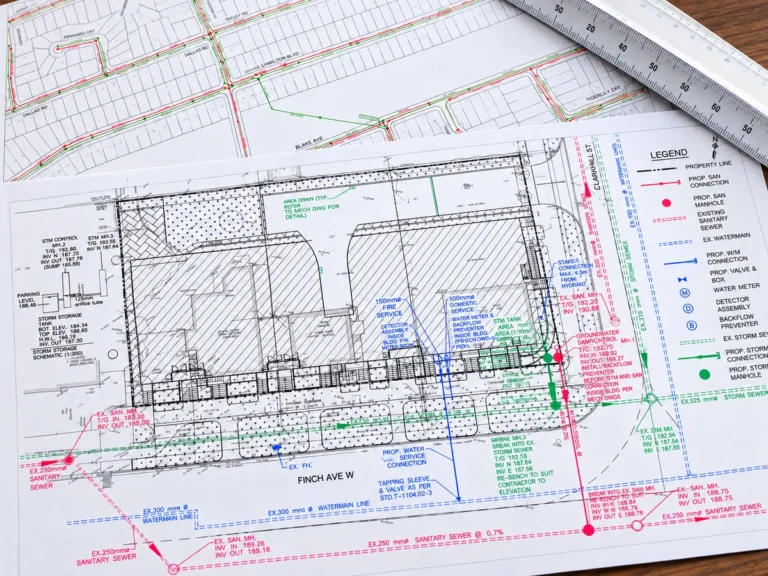 Illustrative presentation of the supplied site servicing connections drawing and neighbourhood utility map.