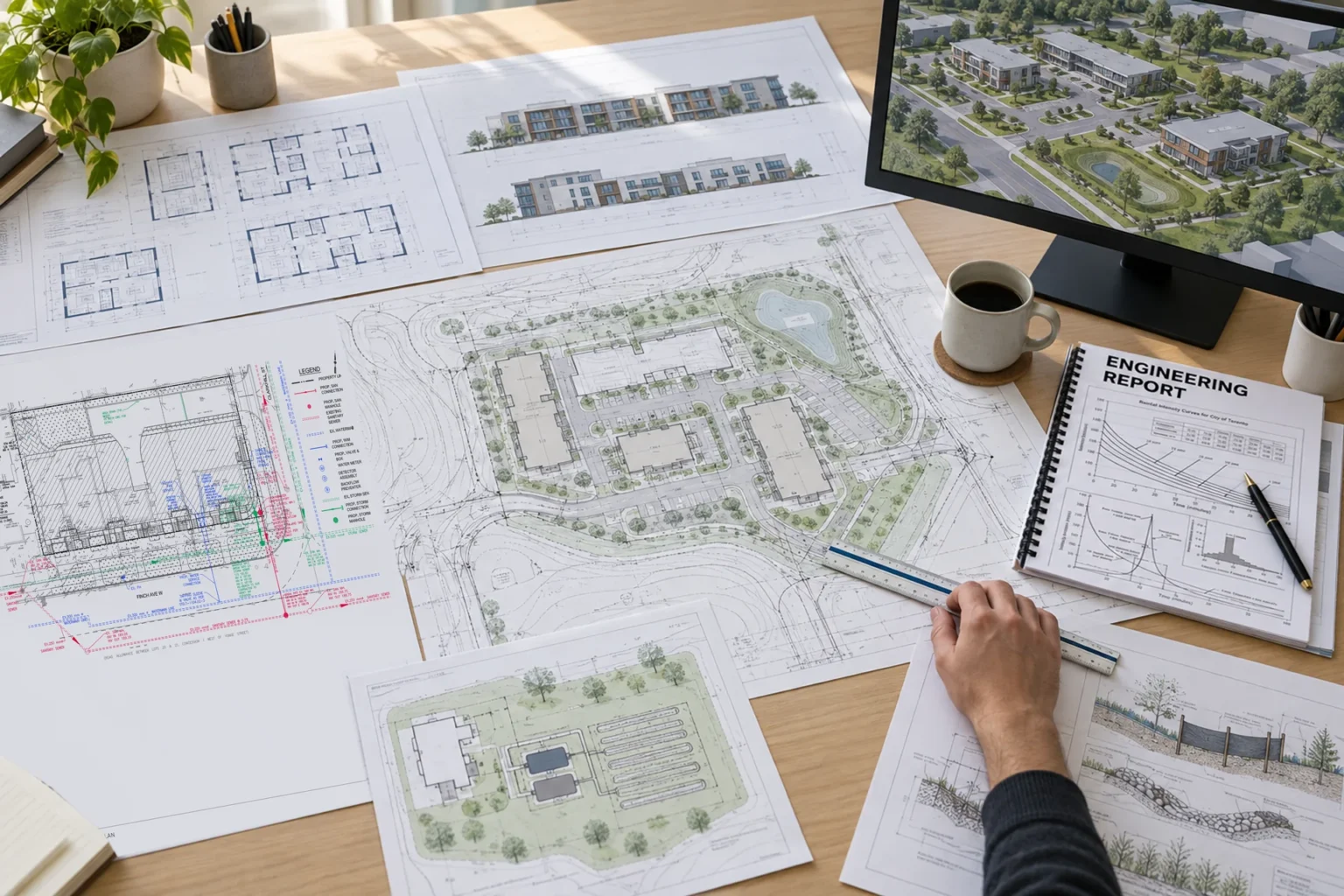 Illustrative engineering workspace with building, grading, servicing and drainage drawings, a report and a development model.