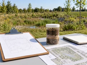 Conceptual stormwater infiltration testing evidence with soil sample and drainage plans